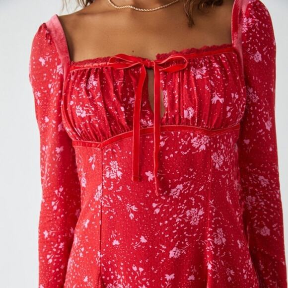 Free People Long Sleeve Mini Dress Red Size Small Boho Peasant - Picture 4 of 8